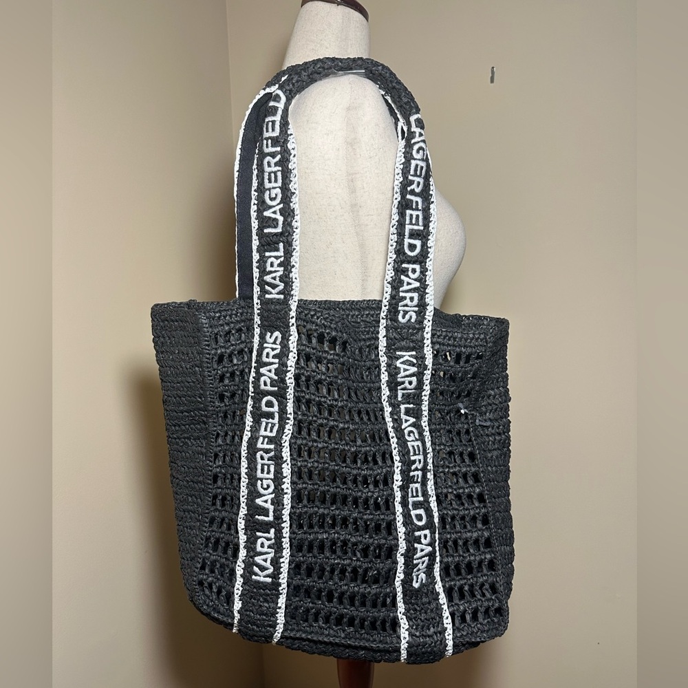 Karl Lagerfeld Black Crochet Tote with White Logo Straps